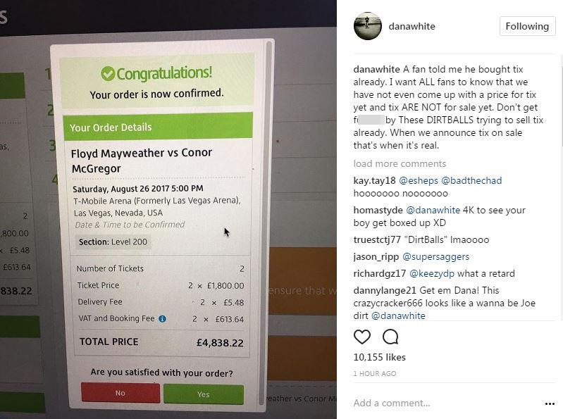  UFC boss Dana White has warned fight fans not to buy touted tickets for McGregor vs Mayweather