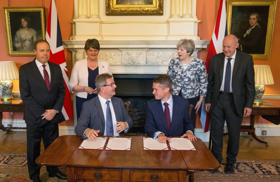  DUP pictured signing deal with the Tories, from left to right: DUP Deputy leader Nigel Dodds, Arlene Foster, DUP MP Jeffrey Donaldson, Chief Whip Gavin Williamson, PM Theresa May and Britain's First Secretary of State Damian Green