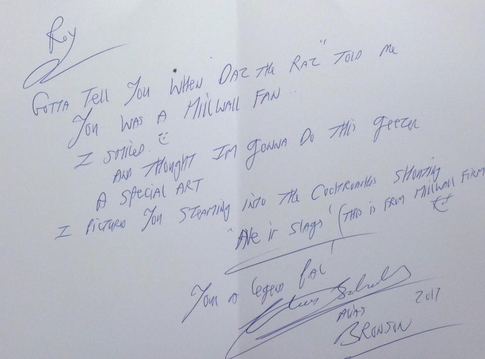  On the reverse of the sketch Bronson penned a note for Roy