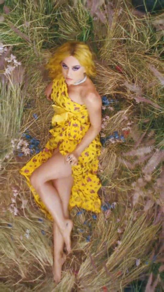  The California girl, 32, gives off a sunshine vibe with a bright yellow wig and matching floral dress