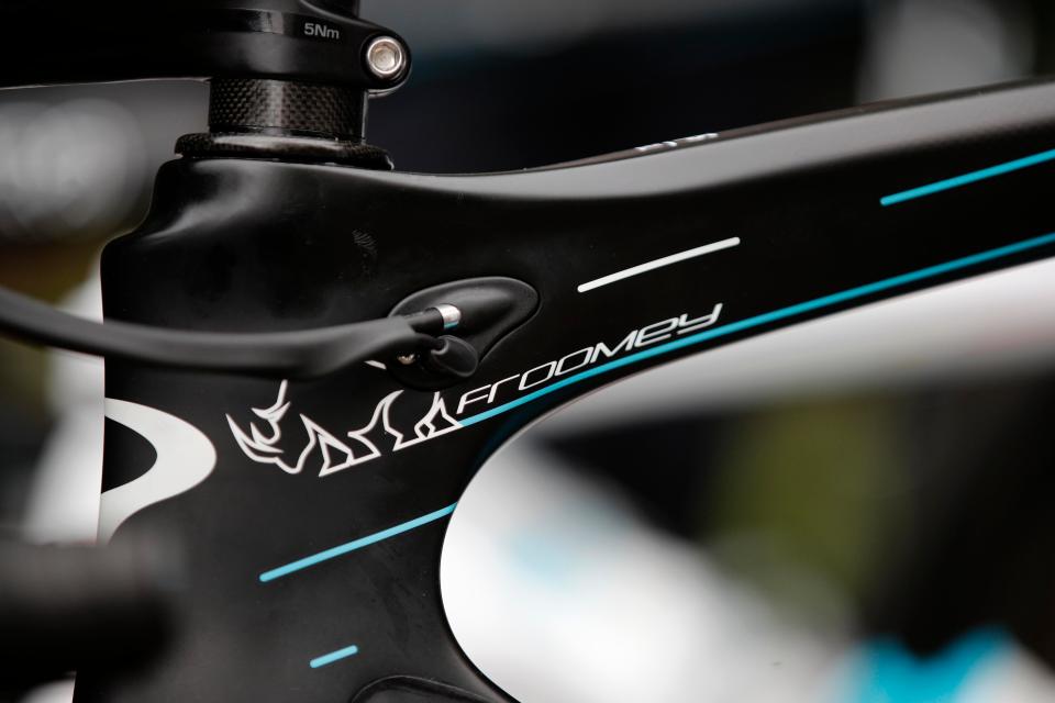  Chris Froome has the image of a rhino painted on to the side of his Pinarello road bike