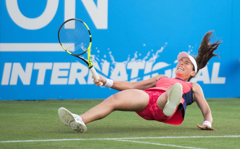  Johanna Konta bashed her head during this fall against Angelique Kerber