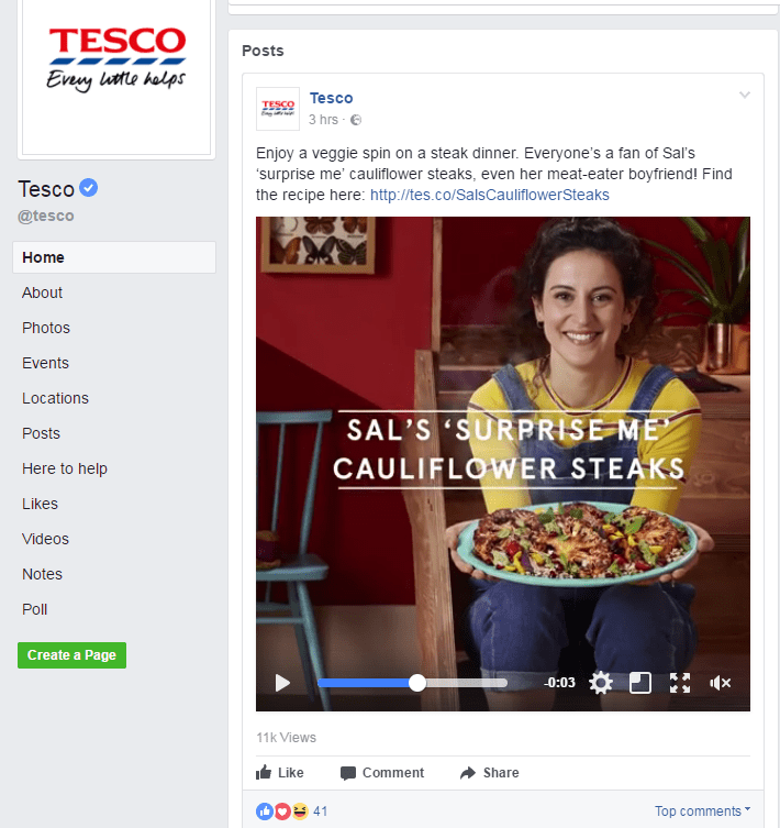  Tesco's official page features a blue tick to show it is verified by Facebook