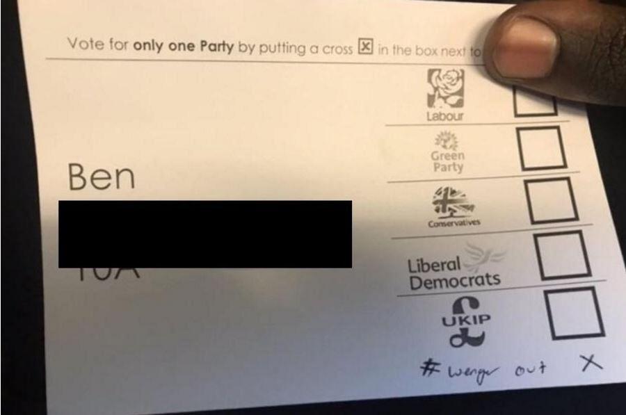 One voter spoiled his Arsenal ballot paper with the hashtag #WengerOut on his ballot paper