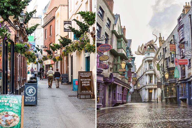  The brightly coloured shops and quaint sights of Gandy Street in Exeter are thought to have inspired the higgledy-piggledy Diagon Alley from the films