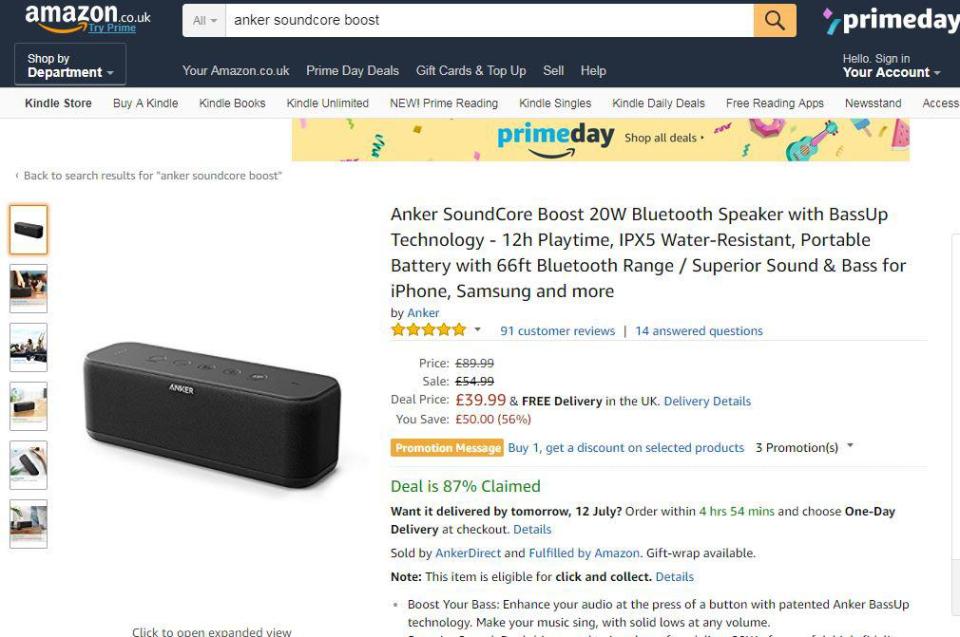  Amazon has listed an Anker bluetooth speaker as one of its Prime Day exclusive deals. It currently costs £39.99, down from £54.99