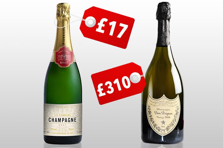  The bottle of £17 Champagne from Co-op and a Dom Pérignon 1998 P2 Magnum, which costs £310 a bottle - both were picked as top tipples by fizz experts