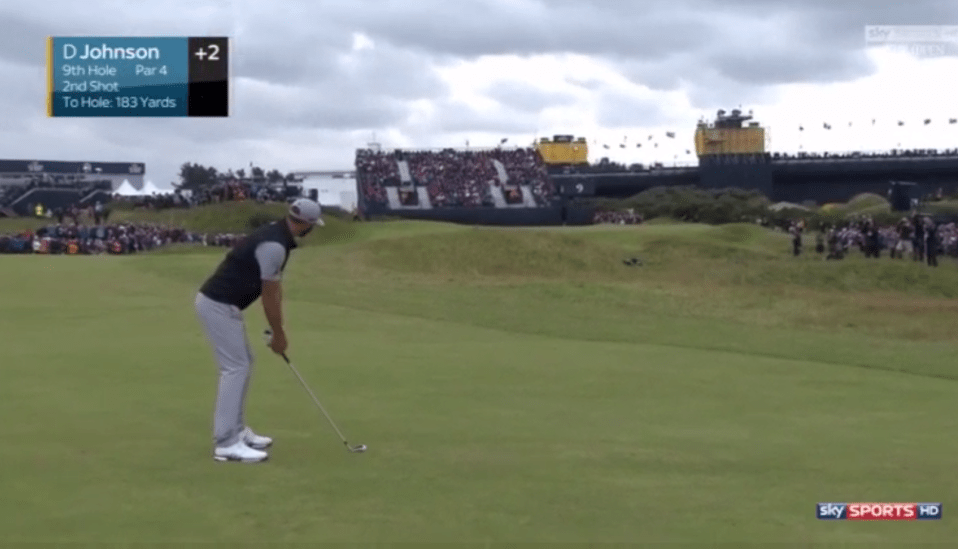  Dustin Johnson lines up his second shot to the par-four ninth