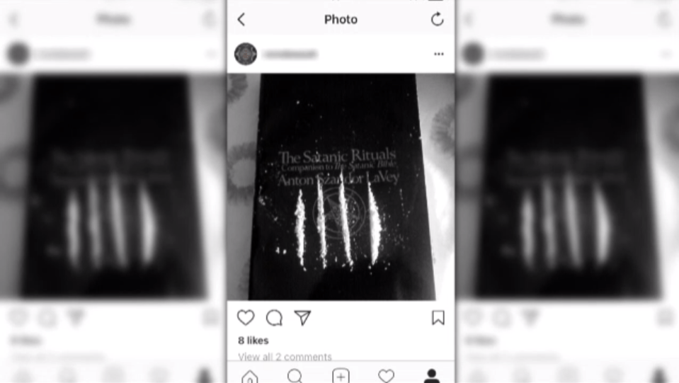 Lines of white powder on a copy of the Satantic Bible appear on one Instagram user's account