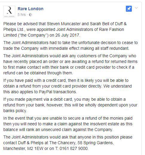  A statement on Rare London's Facebook page appeared today confirming that the brand has entered administration