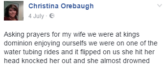  Steve wrote on Facebook that he managed to get his wife’s head above water