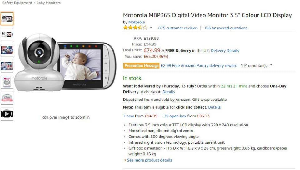  Amazon claims that its Motorola Digital Video Monitor is being sold at a 46 per cent discount