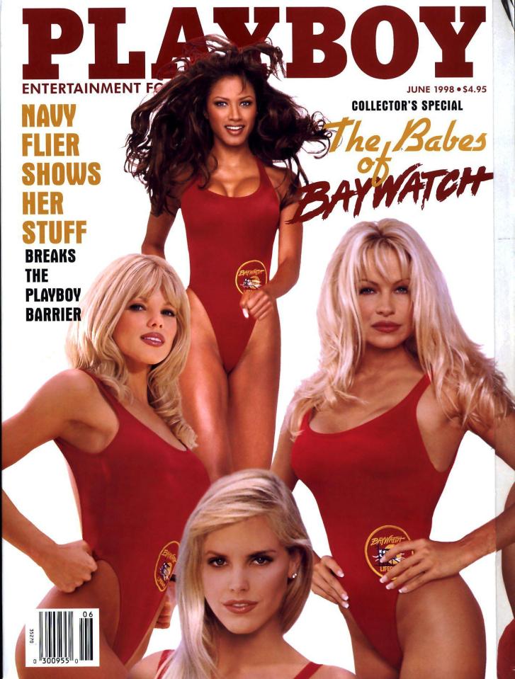  Joined by her fellow Bay Watch cast members, Pamela graces the cover of Play Boy again