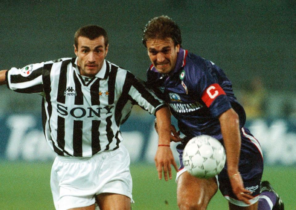  Gabriel Batistuta tussles for the ball with Juventus hard man Paolo Montero