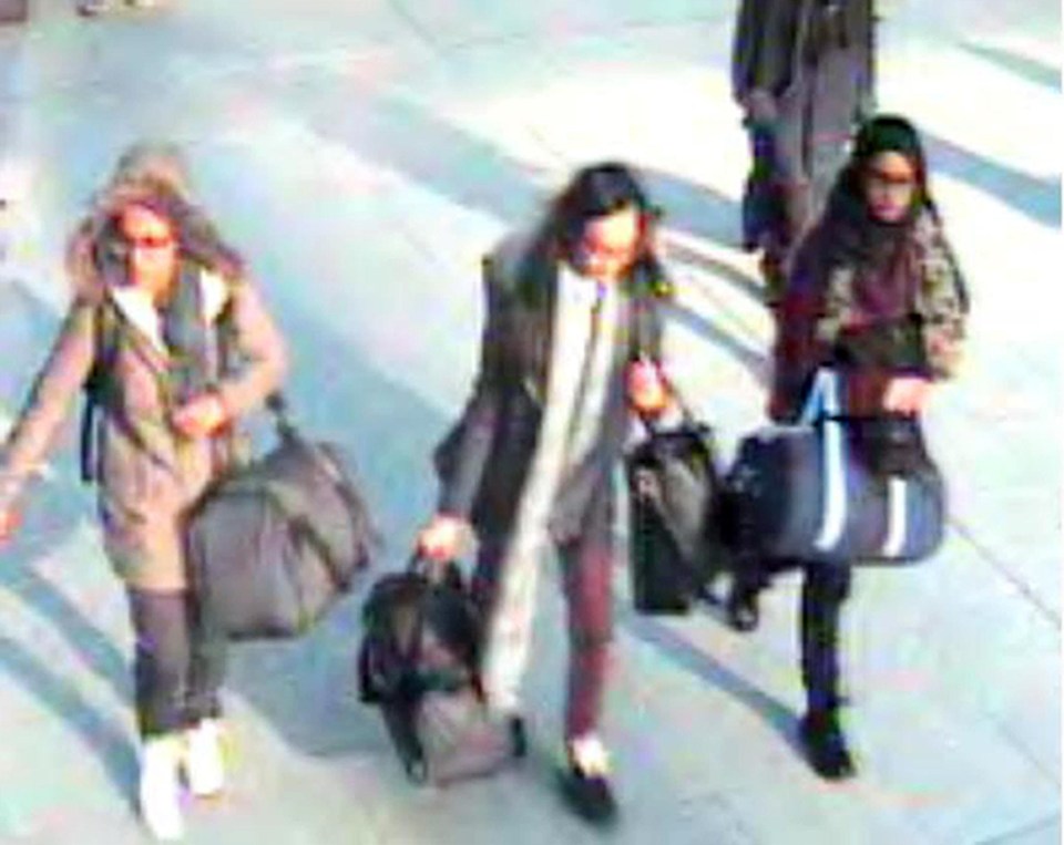 Bethnal Green teens Amira Abse, Kadiza Sultana and Shamima Begum pictured leaving the UK for Syria in 2015