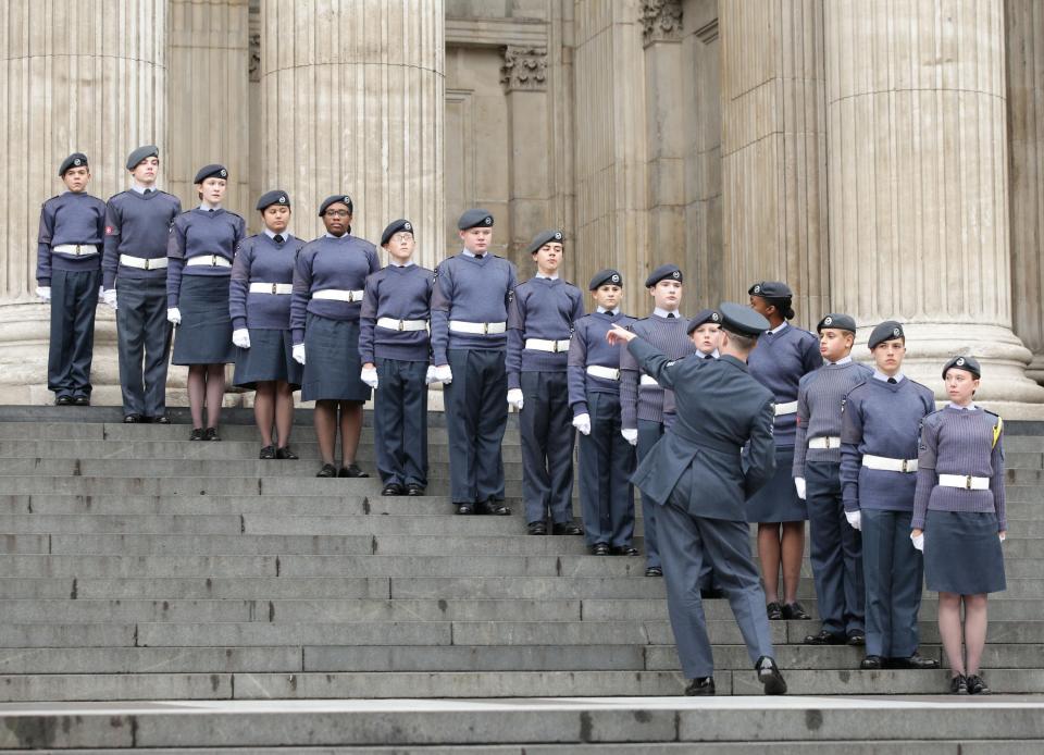  RAF cadets line the steps of St Paul's Cathedral in London ahead of a service to mark the 75th anniversary of the Battle of Britain