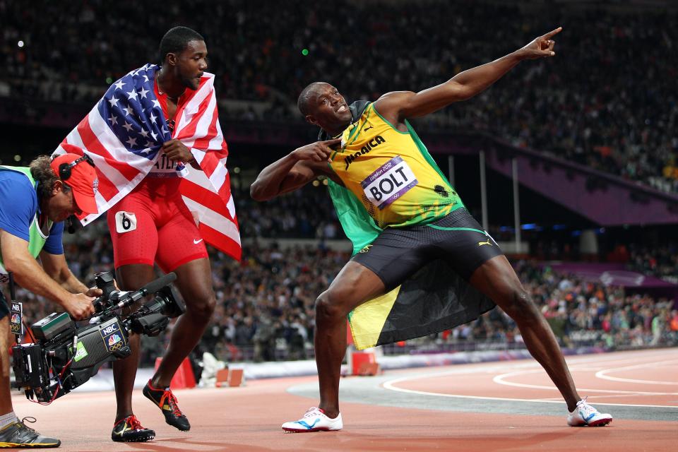  Usain Bolt poses after winning in the Men’s 100m Final at London 2012