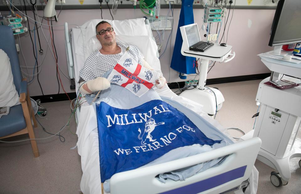 The Millwall fan suffered horrific injuries, saying he wanted to defend the women and children in the restaurant