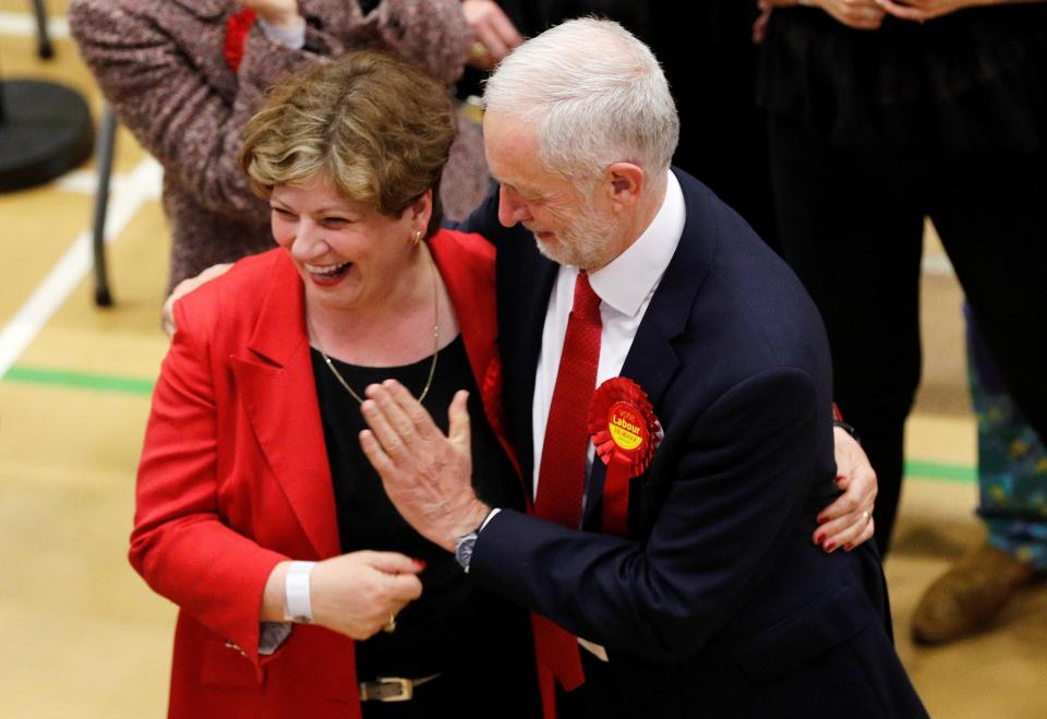  Corbyn attempts a high five with Emily Thornberry who made of comments on the Radio 4 election special programme