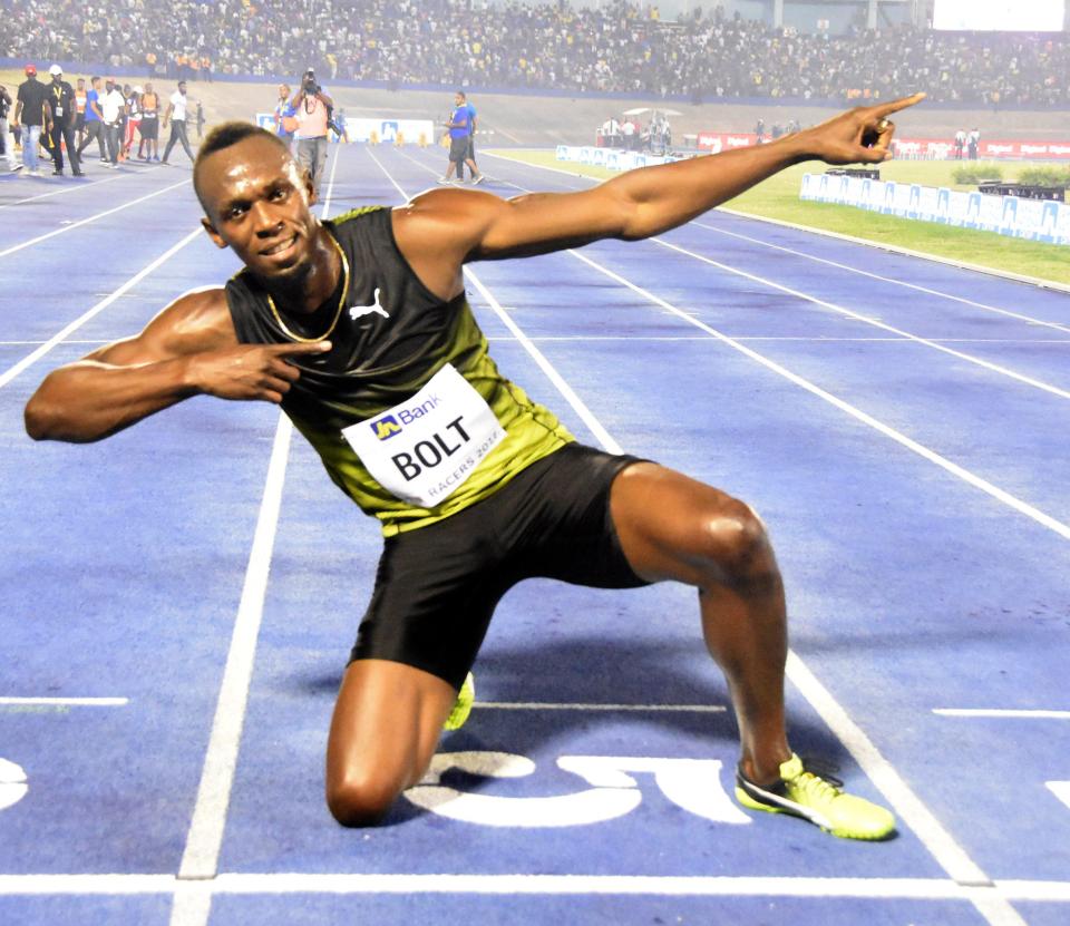  Bolt in his famous victory pose at the Racers Grand Prix, in Kingston, Jamaica, last month