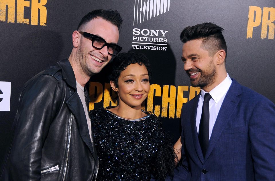  Dominic Cooper (R) with preacher co-stars Joseph Gilgun and Ruth Negga