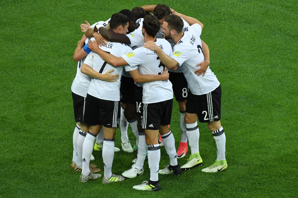 The 28-year-old celebrates with his team-mates after he netted the opener in the Confederations Cup final