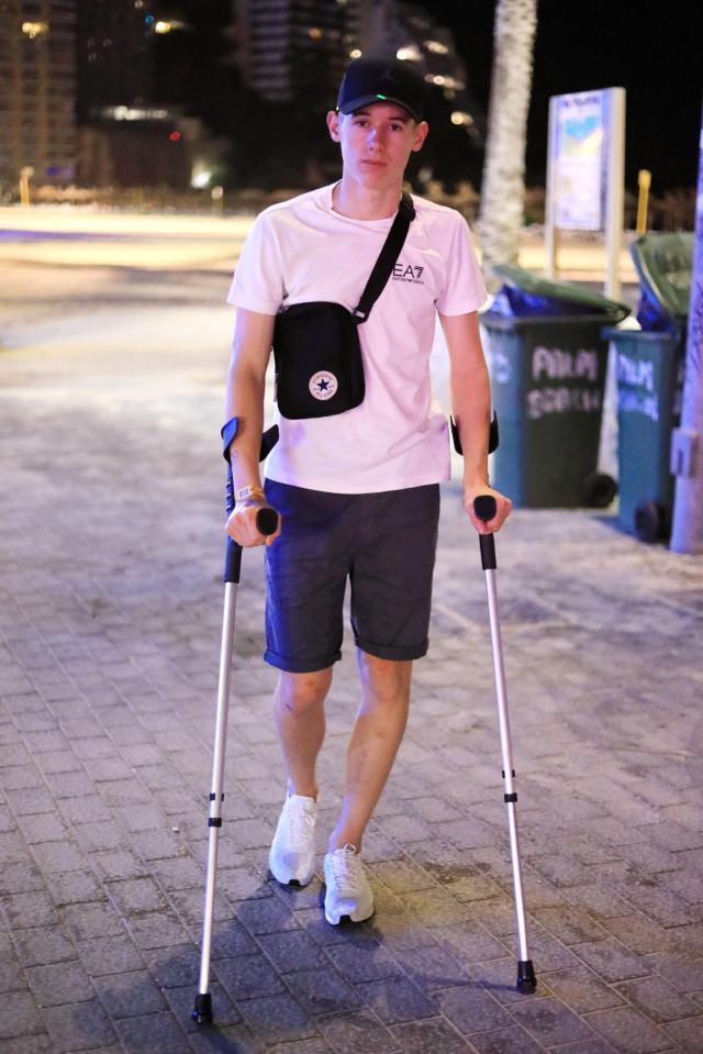  Jack Harlowe, 18, is now on crutches after his run-in with Spanish cops