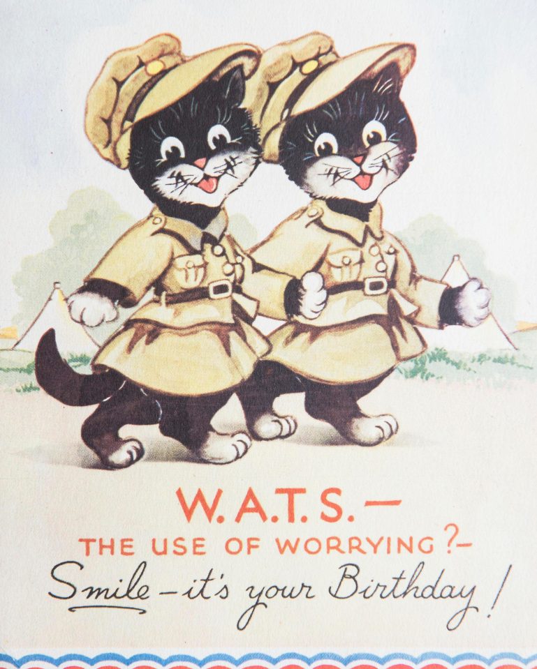  A greetings card sent with an image of two cats dressed as ATS women with the message 'W.A.T.S the use of worrying?'