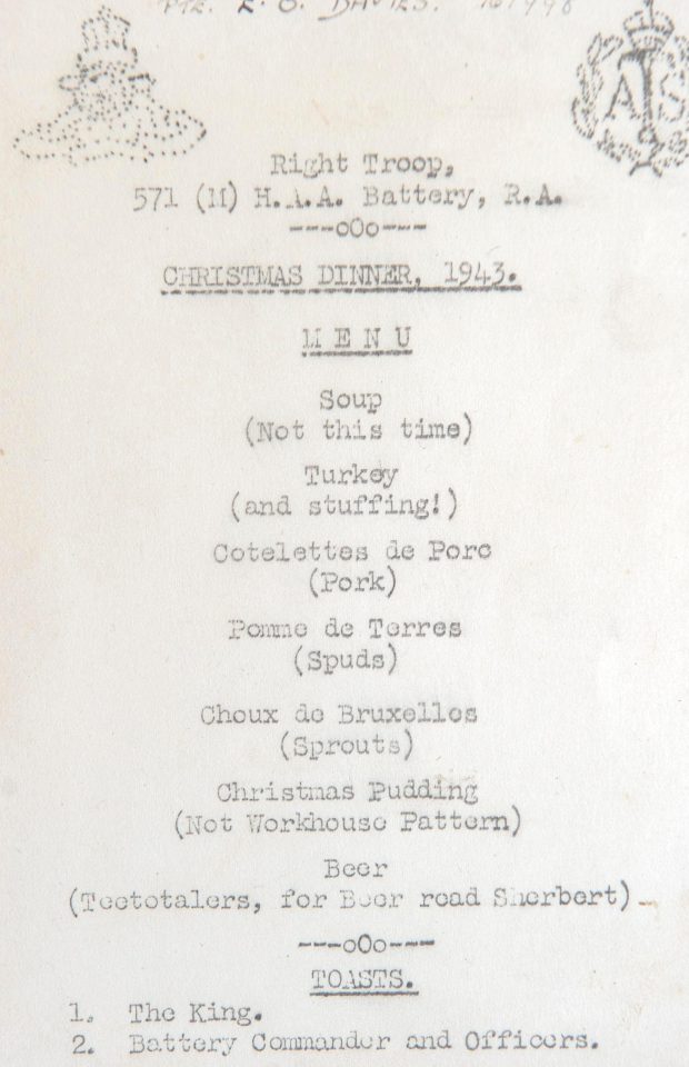  A tongue-in-cheek menu card for the Christmas dinner of 1943 enjoyed by the men and women of the 571 Mixed Heavy Anti-Aircraft Battery