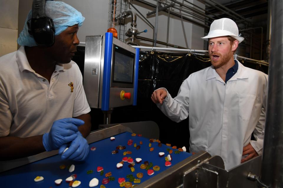  Harry chats to a worker at the Haribo sweet factory