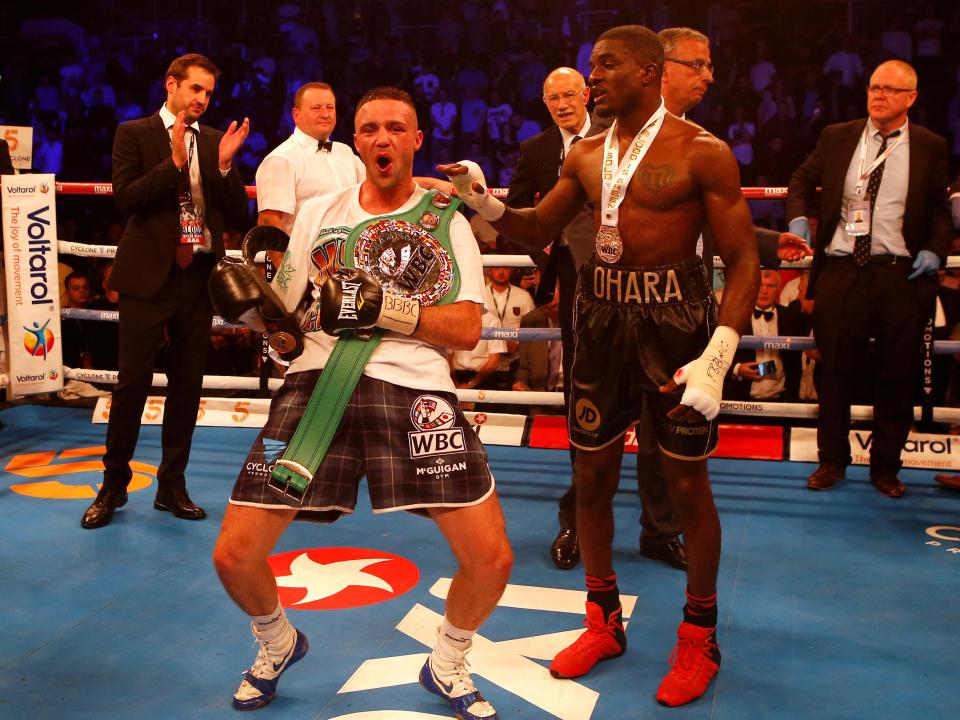 Josh Taylor celebrates his victory as Davies was beaten for the first time in his career