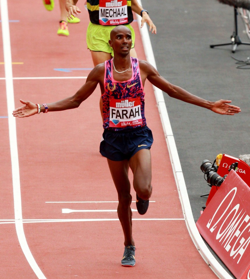 Mo Farah crosses the finishing line to win the 3,000m at the Anniversary Games ahead of the World Championships next month