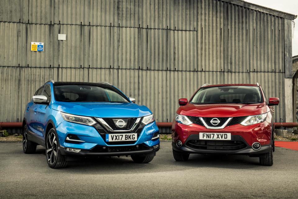  The blue car is the 2017 version of the Nissan Qashqai, compared with the older version