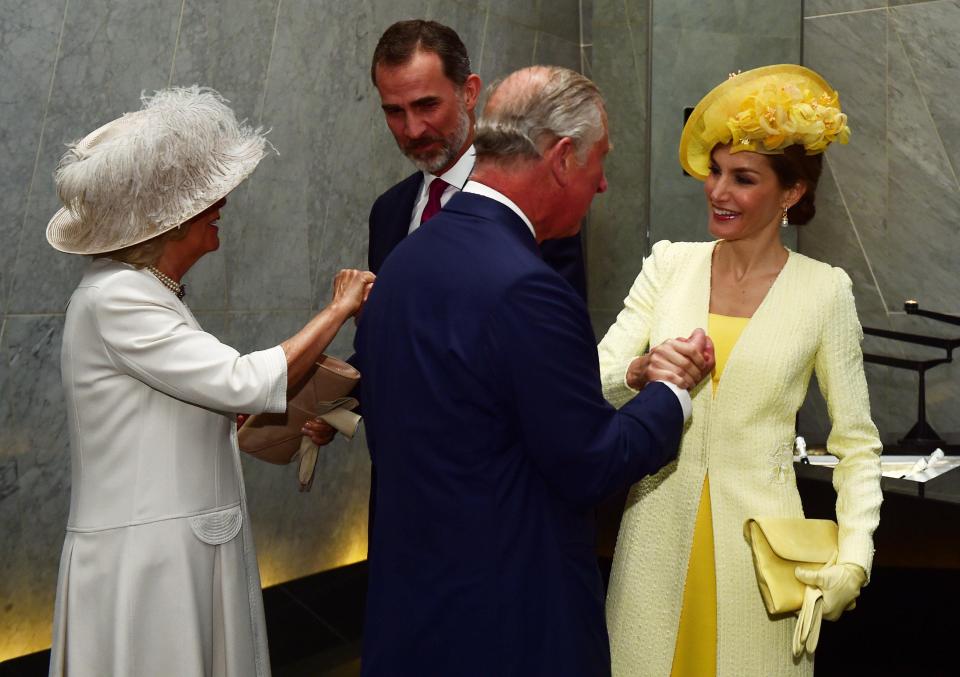  Before they met the Queen - King Felipe and Queen Letizia were greeted at their hotel by Prince Charles and the Duchess of Cornwall