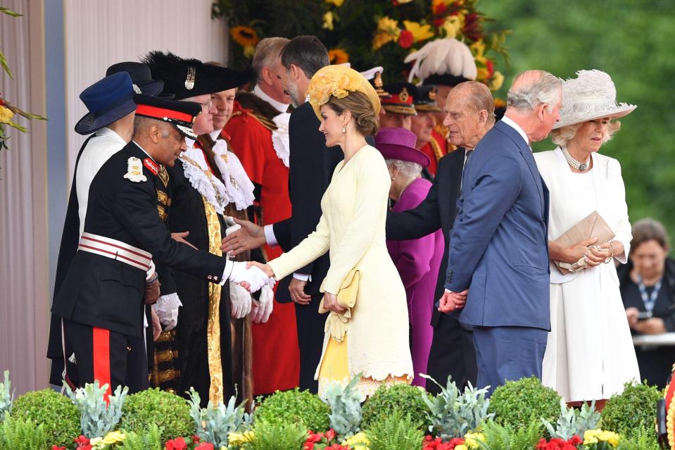  Queen Letizia, Queen Elizabeth II, Prince Philip, Prince Charles, Camilla Duchess of Cornwall have all been pictured at the ceremonial welcome at Horse Guards Parade as part of the Spanish Royal Family's state visit