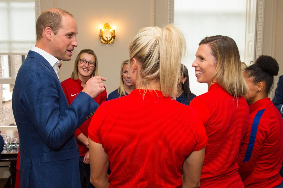  The Duke of Cambridge meets members of the England Women football team during a reception for the England Women football team at Kensington Palace in London