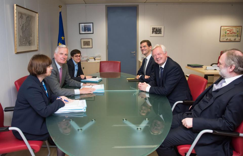  The EU's negotiating team on the left, and the UK's on the right with David Davis centre stage