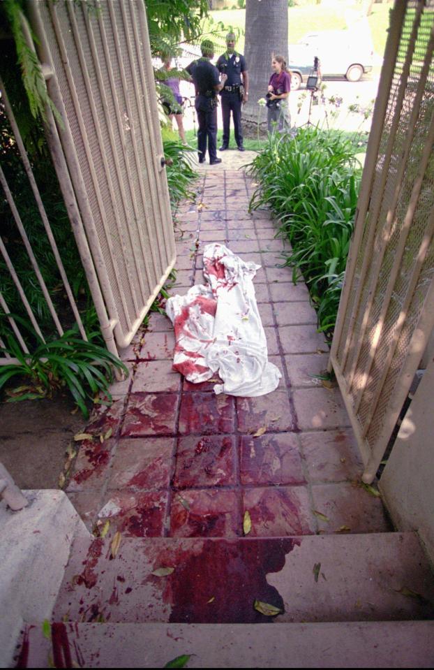  Pools of blood pictured at the scene of the double murder at Nicole Brown's home in LA