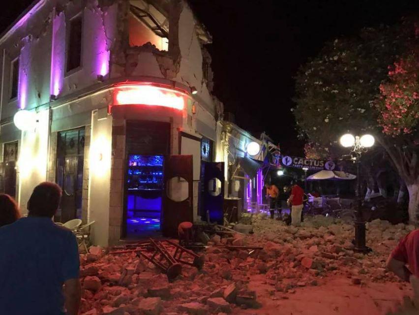 Rubble surrounds a bar in Kos seriously damaged in the quake