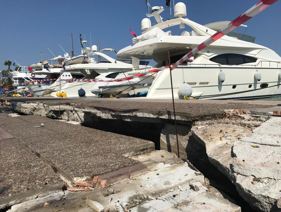  An enormous crack is seen in the harbour at Kos