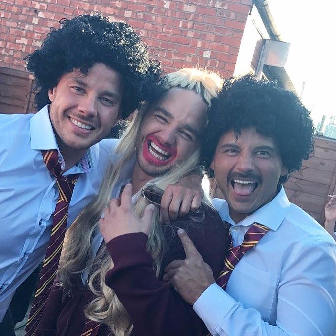  Brothers ... Scott and Ryan dressed in school uniforms while stag Adam was made wear a wig and lipstick for the party