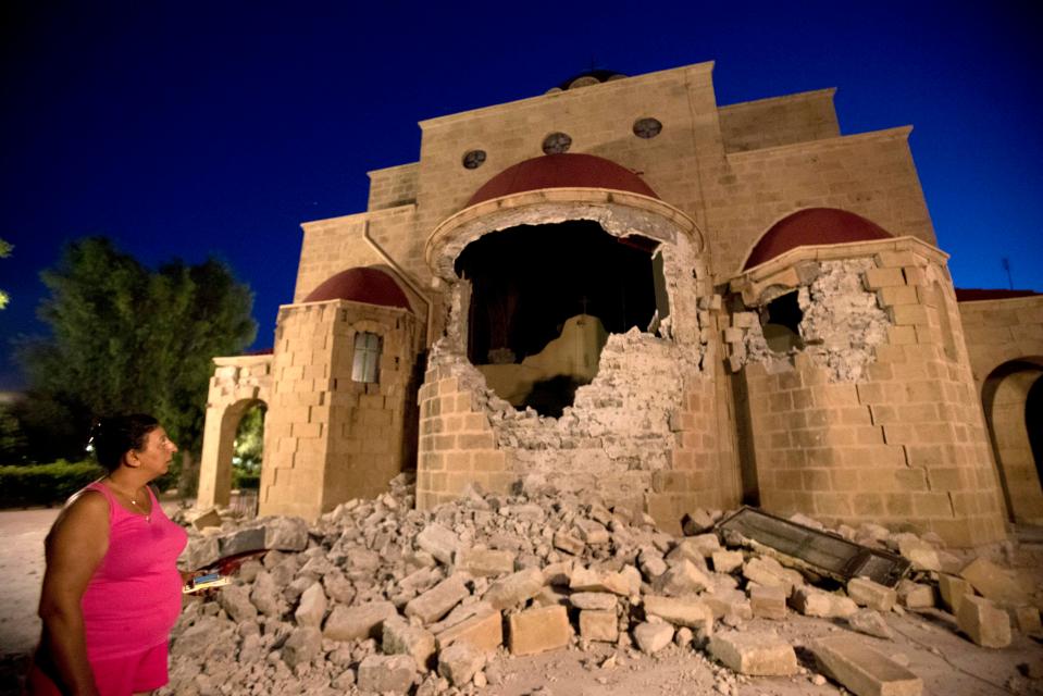  The damaged facade of Agios Nikolaos church following an earthquake in Kos island