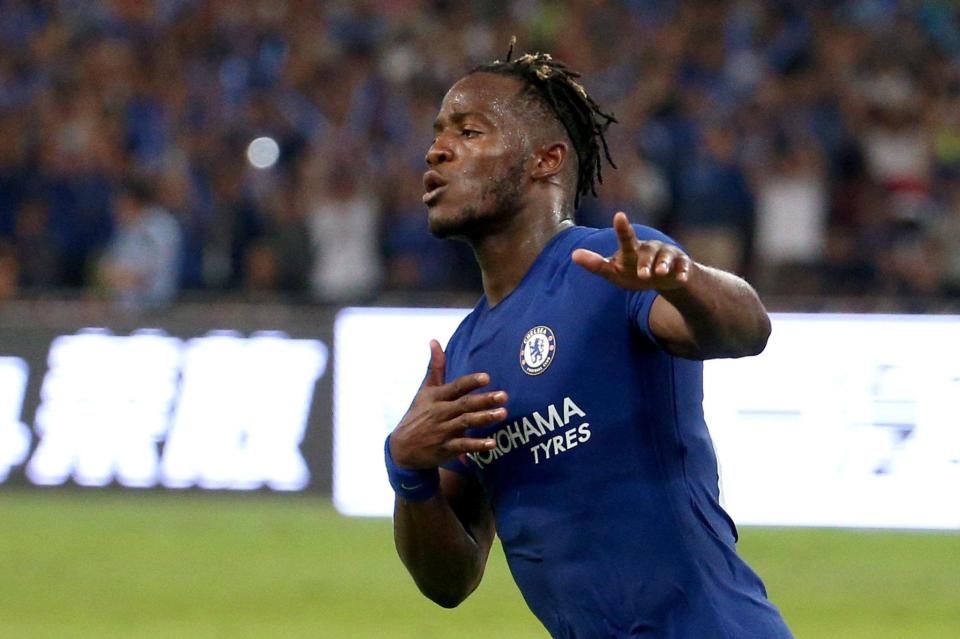  Michy Batshauyi, who is rumoured to be on his way out of Chelsea, wheels away after bagging his first