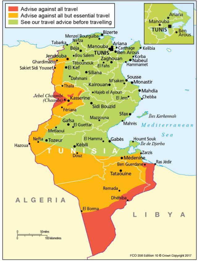  A map of where the Foreign Office still advise against travel to in Tunisia