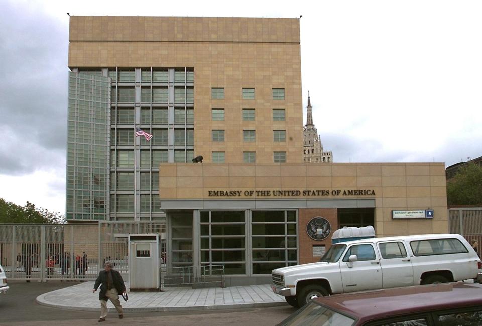  The number of staff currently working in the US Embassy in Moscow (pictured) is set to be slashed