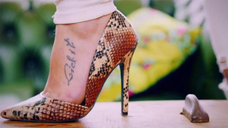  A woman called Gabriela sought the help of the Tattoo Fixers after this cheeky tattoo led to people thinking she had a foot fetish