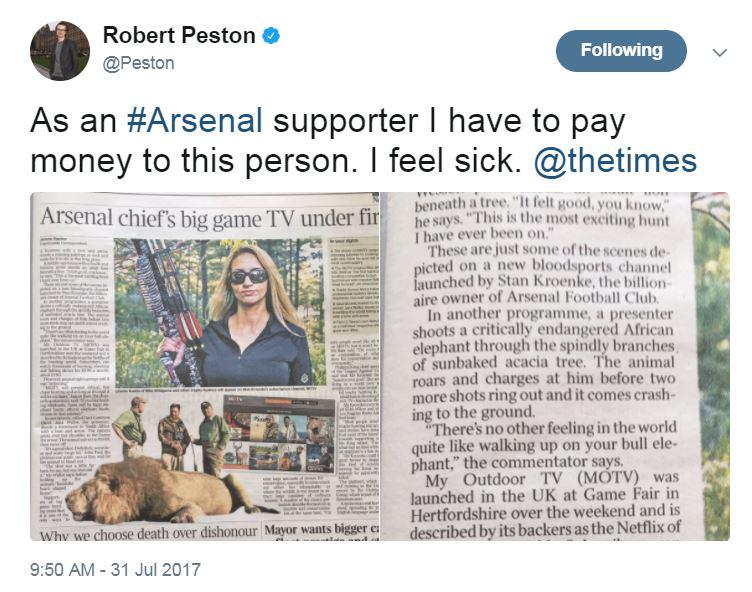  ITV news broadcaster Robert Peston has also called for a boycott on the club after Stan Kroenke launches channel