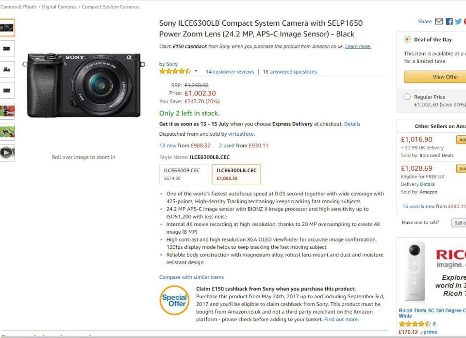  Amazon claims that the Sony camera is being sold at a 20 per cent discount