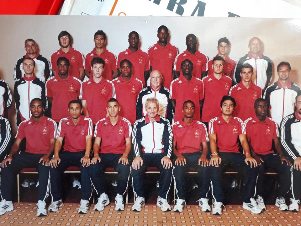 Lacazette (front row, far left) with the France Under-19s European Championships-winning side - including Francis Coquelin next to his Arsenal team-mate and Antoine Griezmann (second row, far right)