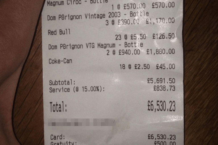  This receipt is believed to show the £7,000 bar bill that Usain Bolt ran up